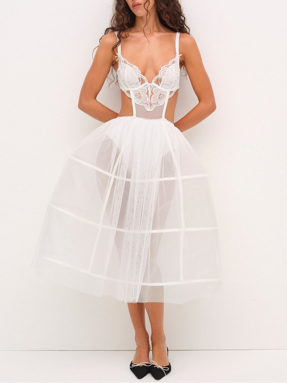 For Love & Lemons Blushing Blooms White Sheer Midi Dress with Lace Bodice